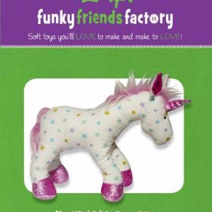 May include: A white plush unicorn toy with pink accents and star patterns. The unicorn has a pink mane, tail, and hooves with glittery pink details. The image includes the text "funky friends factory" and "Horsey HORSE". The toy is 14 inches long.