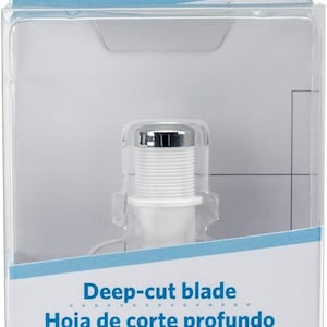 May include: A deep-cut blade for electronic cutting tools, packaged in a clear plastic container. The blade is white with a silver top. The packaging indicates it cuts materials up to 2mm thick.