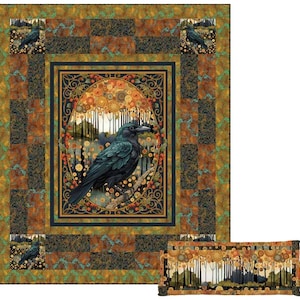 May include: A decorative quilt and pillow set featuring a detailed illustration of a black raven perched on a branch. The quilt has a dark teal, brown, and gold color scheme with a repeating raven pattern in the corners. The pillow has a matching design.