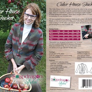 May include: Cider House Jacket sewing pattern with a woman wearing the finished jacket. The pattern includes instructions for a Hong Kong seam finish, three sleeve lengths, and a peplum. The pattern is available in sizes XS-XL.