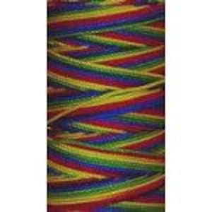 May include: A spool of thread featuring a vibrant rainbow pattern with repeating horizontal stripes of red, orange, yellow, green, blue, and violet. The thread is tightly wound in a crisscross formation, creating a continuous colorful texture.
