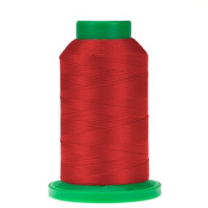 May include: A spool of red embroidery thread with a green plastic bobbin.