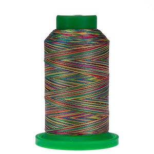 May include: A spool of multi-colored thread with a green plastic bobbin. The thread is a mix of red, green, blue, yellow, and orange.
