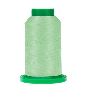 May include: A spool of light green thread with a green top and base. The thread is tightly wound, and the spool is set against a white background. This thread is likely used for sewing, embroidery, or other crafts.