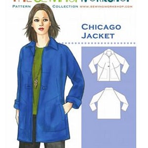 May include: A sewing pattern for the Chicago Jacket. The image shows a woman wearing a blue jacket with large pockets, a green shirt, and a key pendant. The text "THE SEWING WORKSHOP" and "CHICAGO JACKET" are visible.