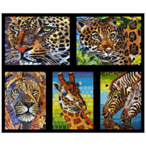 May include: A collage of mosaic animal portraits featuring a leopard, lion, giraffe, and zebra. The animals are depicted in a realistic style with vibrant colors and intricate details.