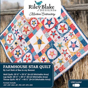 May include: A colorful, star-patterned quilt with a white background and red, blue, and yellow stars. The quilt is labeled "Farmhouse Star Quilt" and includes size details: Wall Quilt 29" x 29", Lap Quilt 39.5" x 39.5", and Throw Quilt 49.25" x 49.5".