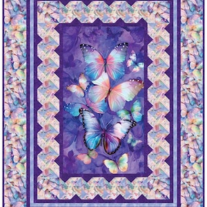 May include: A vibrant quilt featuring a butterfly theme. The central panel showcases a cluster of colorful butterflies in shades of blue, pink, and purple against a deep purple background. The quilt measures 55" x 73".