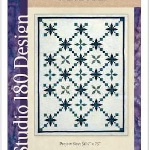 May include: A quilt pattern titled "Emerald Isle" by Studio 180 Design. The design features a geometric pattern of dark teal and light teal star and square shapes on a white background. The project size is 56.5" x 75".
