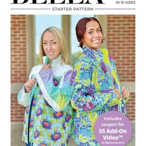May include: A sewing pattern for a Bella Quilt Coat in 10 sizes, designed by Quilting Elissa. The cover features two jackets with vibrant, multi-colored floral and coral reef patterns, high collars, and full-length front zippers.