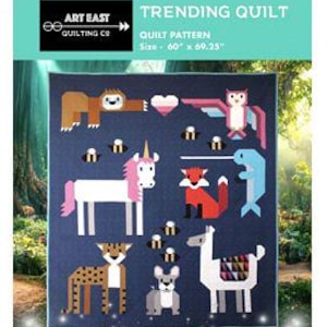 May include: A quilt pattern titled "Trending Quilt" with a dark blue background. The quilt features various animal designs, including a sloth, owl, unicorn, fox, dolphin, cheetah, dog, and llama. The quilt measures 60 x 69.25 inches.