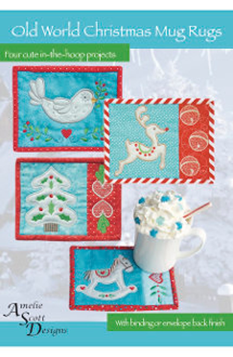 Old World Christmas Mug Rugs ITH machine embroidery design on CD by Amelie Scott Designs