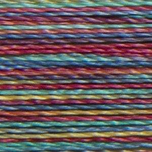 May include: Close-up of a multi-colored embroidery floss with shades of blue, green, red, and gold.