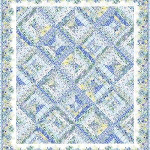 May include: A large, square quilt with a patchwork design in shades of blue, white, and yellow. The quilt features floral patterns and diagonal stripes, with a floral border. The quilt is a decorative home textile.