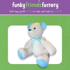 May include: A white Calico Signature Bear plush toy with blue gingham accents on its ears and feet, and a matching bow. The bear is approximately 12 inches (30cm) tall. The image includes the text "funky friends factory".