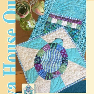 May include: A paper-pieced and appliquéd turtle table topper, measuring 45 inches by 16 inches. The design features a central turtle motif with blue, green, and purple fabrics. The text "Table Turtles" is displayed at the top.