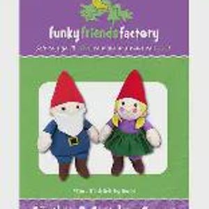 May include: Two plush gnomes, Günther and Gretchen, are featured on a product package. Günther wears a blue jacket, white beard, and red hat. Gretchen has a green skirt, yellow hair, and a red hat. The package has the text "funky friends factory".
