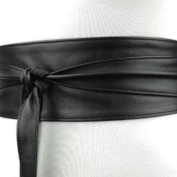 Black leather obi belt • Obi belt made from genuine leather • Corset leather belt that emphasizes waist • Bow belt made from black leather