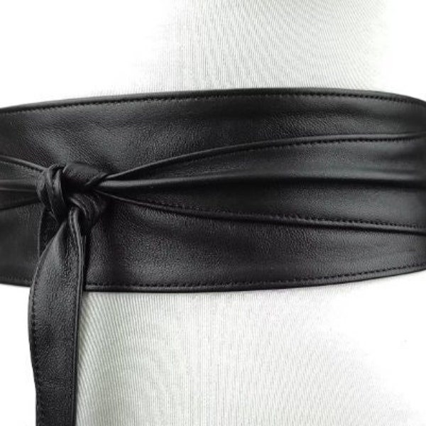 Black leather obi belt • Obi belt made from genuine leather • Corset leather belt that emphasizes waist • Bow belt made from black leather