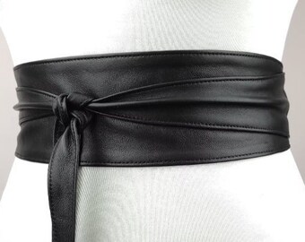 Black leather obi belt • Obi belt made from genuine leather • Corset leather belt that emphasizes waist • Bow belt made from black leather