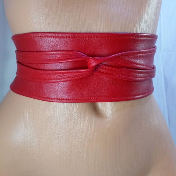 Red leather obi belt • Corset belt made from genuine leather • Waist belt that creates hourglass figure • Versatile belt accents waistline