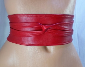 Red leather obi belt • Corset belt made from genuine leather • Waist belt that creates hourglass figure • Versatile belt accents waistline