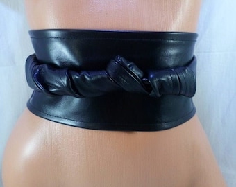 Black leather obi belt • Perfect black belt made from genuine leather • Corset leather belt tied in a bow • Black belt that emphasizes waist