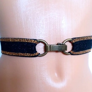 Black and gold elastic belt Elastic waist belt with brass metal buckle Cinched belt Shimmery waist belt