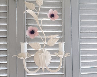 Grande paire d'appliques murales en tissu floral et fleurs roses