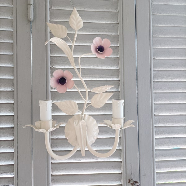 Grande paire d'appliques murales en tissu floral et fleurs roses