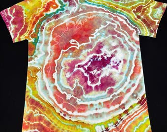 Geode Tie Dye Shirt, Sunset Ice Dye Tee, Magenta Gold Handmade Boho Festival Wear, Size Small