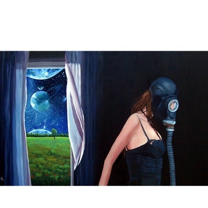 Apocalypse Surreal oil painting, masked female figure,  original art