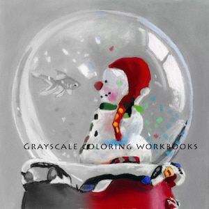 Printable Adult Grayscale Coloring Images, Cairn and Snowglobe, instant download PDF