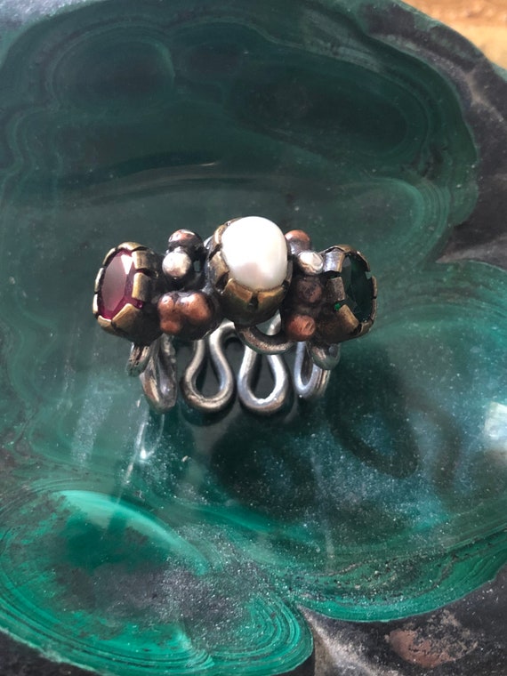 Large multi stone silver and brass ring