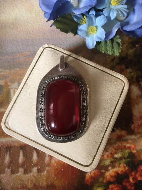 Large vintage silver red cherry Bakelite pendant