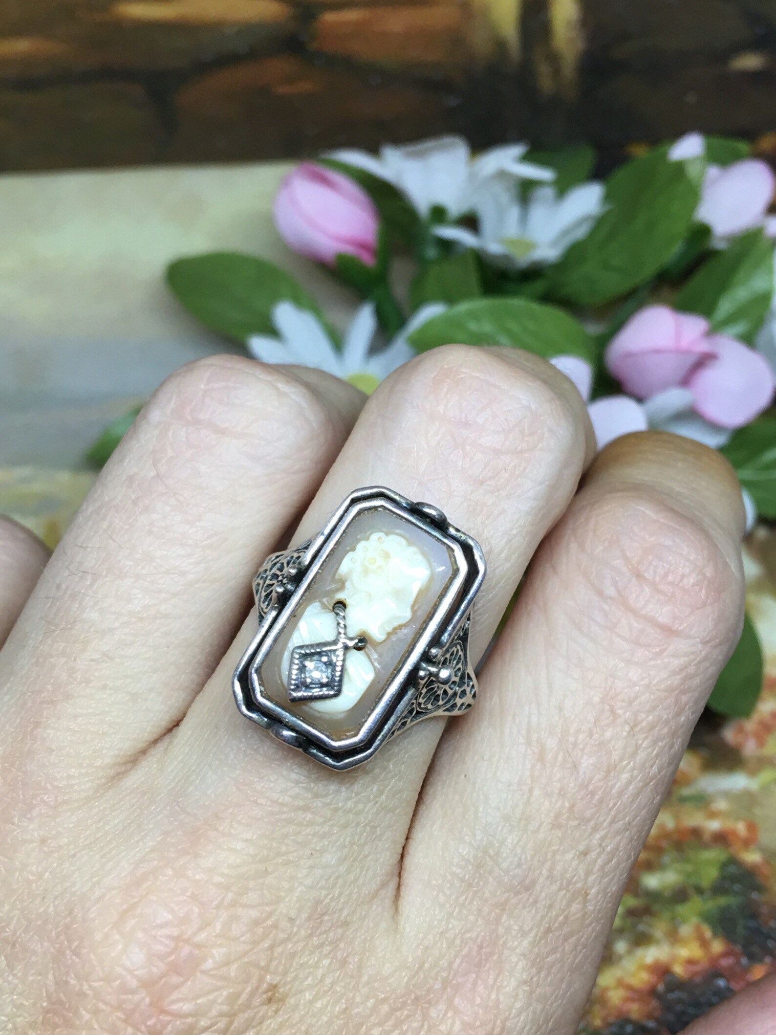 Vintage double sided flip cameo & onyx silver ring Etsy