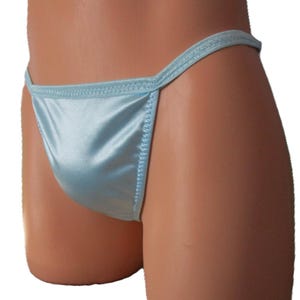 Satin Spandex, Men's Flat or Contoured Front String Thong, 3/8" Colored Trim, Adjustable Straps option