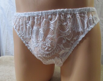 White Victorian Embroidered Lace Bikini for Men, No Trim - Size 32-35"