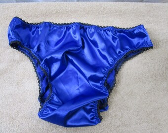 Royal Blue Satin, Tanga Bikini, Medium Man Front, Black Picot Trim - Size 40-43"