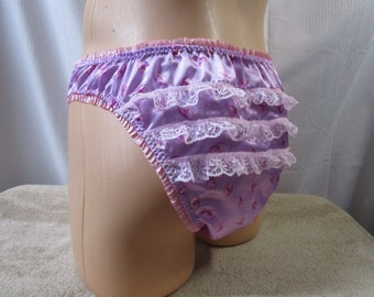 Kimono Satin Prints Bikini Man Panty, Spaced Lace Butt, Silk Ruffle Trim - Custom Made