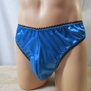 Turquoise Satin Thong, Large Contoured Man Front, Black Picot Trim Size 48-51 more image 1