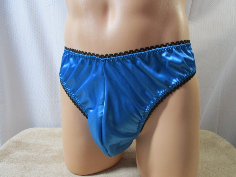 Turquoise Satin Thong, Large Contoured Man Front, Black Picot Trim Size 48-51 more image 1