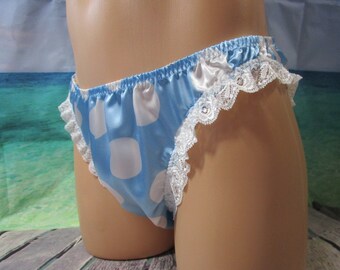 White with 2" Polka Dot Satin Bikini, Medium Flat for Men, Lace Legs Trim - Sizes XXS - 5XL