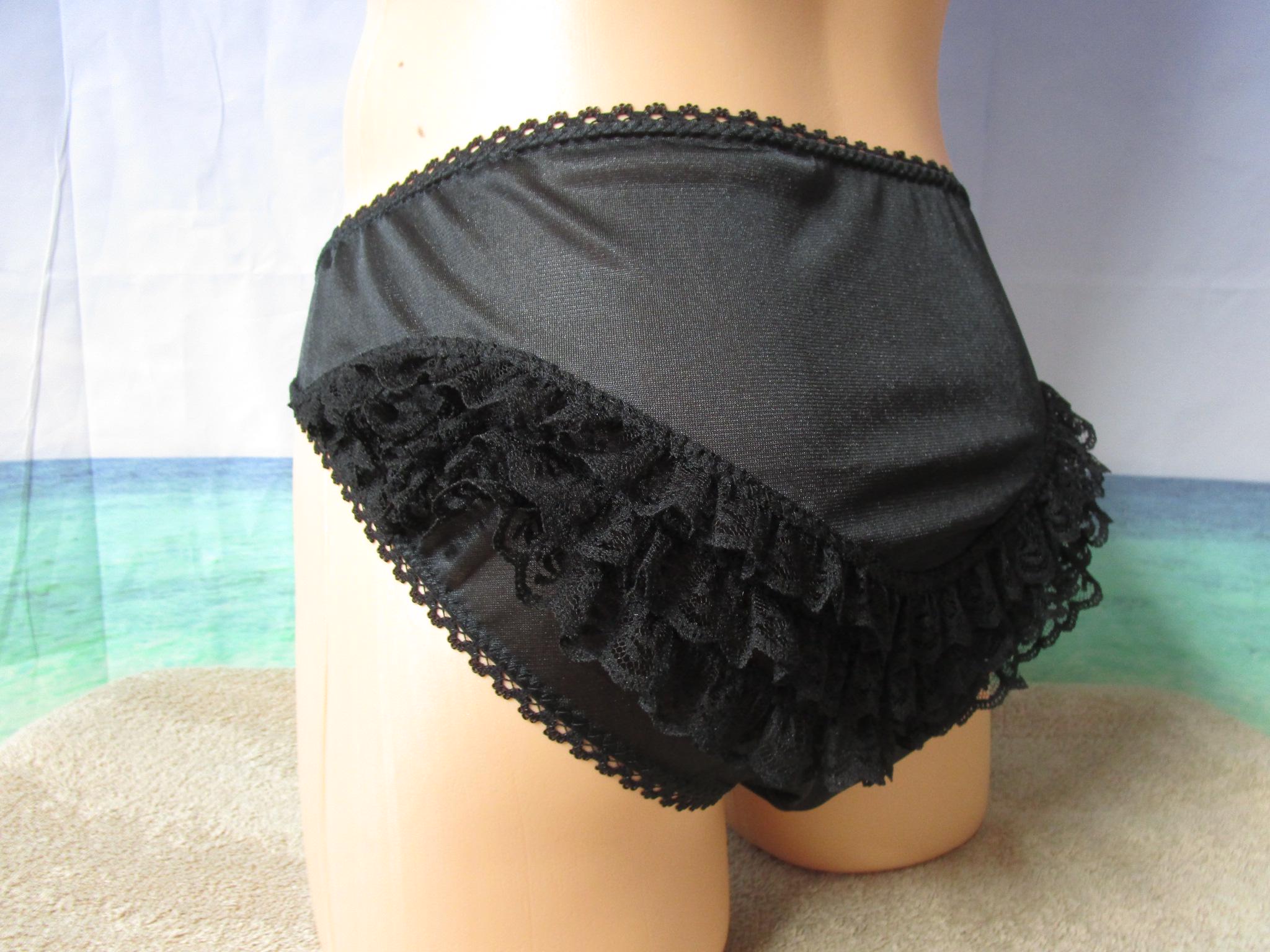 Satin Sissy-Style, Bikini Panties, Medium Man Front, 1" Curved Lace Butt, Picot Trim, Bow