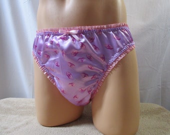 Kisses on Lavender Satin Print Bikini for Men, Pink Silk Ruffle Trim - Size 36-39"