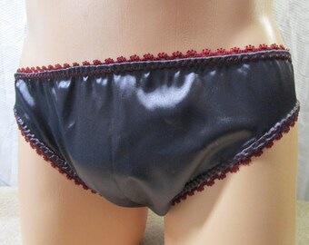 Charcoal Satin Low Rise Bikini for Men, Wine Picot Trim - Size 32-35"