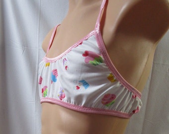 Cupcakes Cotton Knit Prints, Training Bra, Pink Trim - Size 2X/A 48-51"