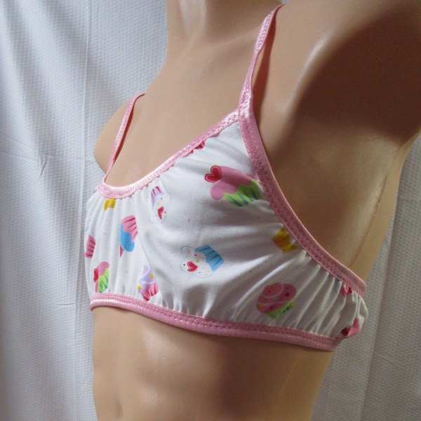 Cupcakes Cotton Knit Prints, Training Bra, Pink Trim - Size 2X/A 48-51"