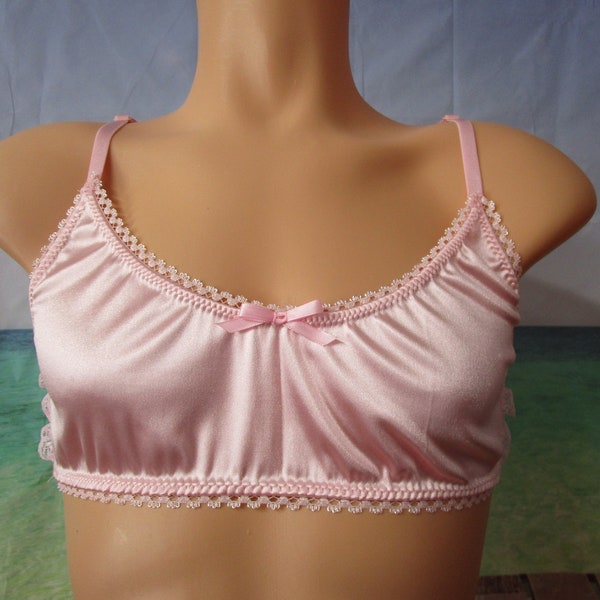 Satin Spandex Bralette, Picot Trim, Adjustable Straps, Hook & Eye Back, Lace Sides - Sizes XS - 5XL