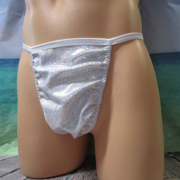 Size 36-39 - White w/Silver Micro Dots Metallic Nylon Spandex G-String, x-Large